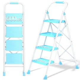 Step Ladder Foldable Folding Stool - for Home Adults Kitchen 4 Stepping Extension Tall Heavy Duty with Handrails - Closet Stepstool Stair Ladders Extendable Stepladder for Indoor House 600Lbs