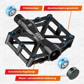 HENMI Bicycle Pedals 9/16 Inch Aluminium MTB Pedals with Sealed Bearings Bicycle Pedals Non-Slip Wide Platform Pedal for E-Bike, Mountain Bike, Road Bike, Trekking Pedals