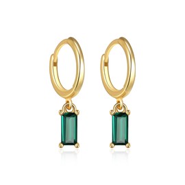 BriLove 925 Sterling Silver Dainty Emerald Cut Cubic Zirconia Earring, Small Lightweight Birthstone Huggie Hoop Dangle Studs for Women Hypoallergenic Jewellry Gift Green Gold-Tone
