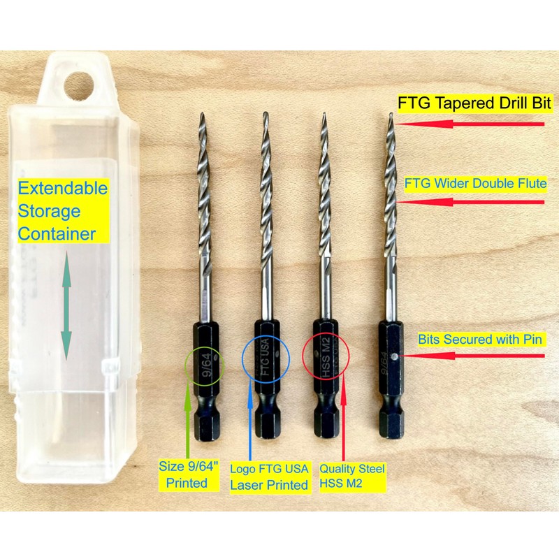 FTG USA Replacement Tapered Countersink Drill Bit Set 4 Pc