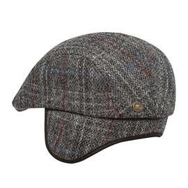 Sterkowski Norte Flat Cap Harris Tweed Peaked Cap for Men and Women Warm Hand Stitched Racket Hat with Ear Flaps, Grey Check Pattern