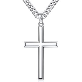 GEMAZE 925 Sterling Silver Cross Necklace for Men, Silver Cross Pendant with 4mm Silver Cuban Chain for Men, Mens Cross Necklaces, Silver Cross Chain Necklace for Men, 20 Inches