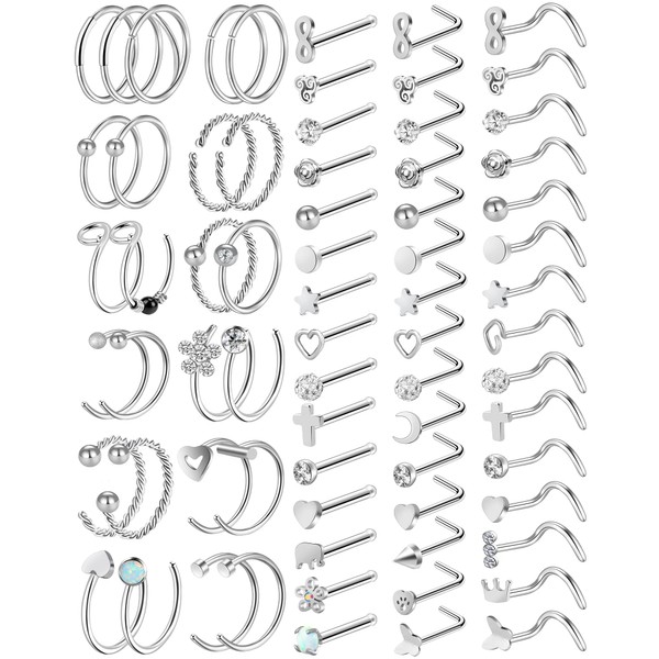 ONESING 70 Pcs Nose Rings Studs 20G Nose Rings for Women Nose Piercings Jewelry Nose Rings Hoops L Shaped Silver Nose Studs