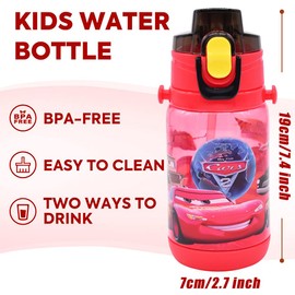 MccQueen Cars Kids Water Bottle with Straw, Lightniing Cars Flip Top Water Bottle Leakproof Auto Push Button Reusable Kids Drink Bottle Leak Proof Water Bottle for Kids and Toddlers, 400ml