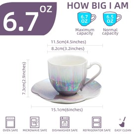 Agyiuns tea cup set ceramic tea cups and saucers set of 4 for Coffee, Cappuccino, Latte,Cafe Mocha, Americano and Tea Porcelain Mugs 6.7 Ounce for Kitchen or Cafe(Purple)
