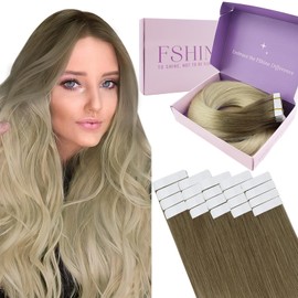 fshine Tape in Hair Extensions 14 Inch Light Brown to Platinum Blonde Ombre Tape in Human Hair Extensions Straight Skin Weft Remy Hair 20pcs 50g