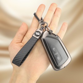 for Volkswagen Key Fob Cover with Keychain, Metal Frame and Leather Key Shell Full Protector Fit for VW ID.4 ID.3 MK8 Golf GTI Seat Leon MK4 Skoda Octavia Smart Key, Black