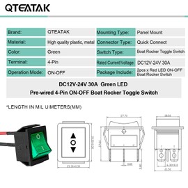 QTEATAK KCD4 2Pcs DC 12V-24V 30A DPST Pre-Wired 4-Pin 2 Position ON/Off Boat Rocker Toggle Switch with Green LED Light (Only for DC12-24V)