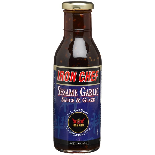 IRON CHEF Sesame Garlic Sauce & Glaze, All Natural, Kosher, 15-Ounce Glass Bottles (Pack of 3)