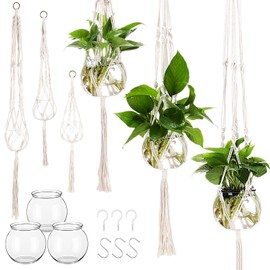 Colingmill 6 Pieces Plastic Plant Propagation with Boho Macrame Plant Hanger Wall Plant Propagation Station Hanging Plant Holder Include 6 Hooks Kit for Indoor Home Garden Office Decor 3 Size