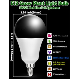 Xyanmc 2 Pack E12 Small Candelabra Base LED Grow Light Bulbs Full Spectrum, 12W Sun Plant Light Bulb 100w Equivalent, Balanced Spectrum 5000K Red Blue for Flower, Seed Starting, Indoor Growing