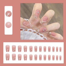 Pack of 24 False Nails for Sticking Short Square Pearl Rhinestone French Artificial Nails Pink Glitter Press On Nails, Ballerina Acrylic False Nails for Women Girls Party and Home DIY