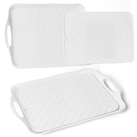 LEHAHA 17.25" x 12" Serving Trays Set of 2 White, Dinner Tray, Light Weight Easy to Clean Sturdy Stackable Melamine Serving Platter with Handle, Fruit, Snacks, and Desserts Trays.Mats Included