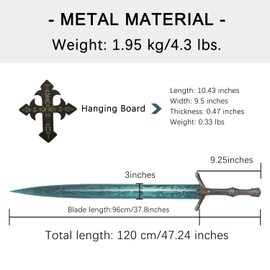 47" Ludwig Sword Full Metal Lengthen Stainless Steel Blade,Moonlight Cursed Holy Sword with Pegboard,for Diaplay,Collection,Gift,Home Decor