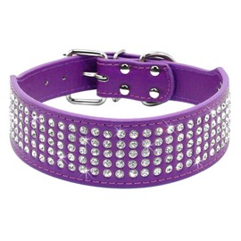 Berry Pet Rhinestones Dog Collars - 5 Rows Full Sparkly Crystal Diamonds Studded PU Leather - 2 Inch Wide -Beautiful Bling Pet Appearance for Medium & Large Dogs,15-18" Purple