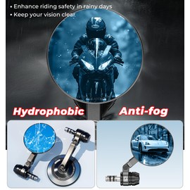 VAZESWIN Aluminum Alloy Rainproof Motorcycle Bar End Mirrors, CNC Machined Anti-Glare Blue Lenses Motorcycle Rear View Mirrors, Foldable Multi-Angle Adjustable Fit for 12-18mm Handlebar Inner Diameter