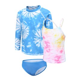 Zestonie Big Girls 3 Piece Swimsuits Set Long Sleeve Rash Guard Tankini Tie Dye Bathing Suits for Girls Beach Swimwear Set Pink Blue Size 14/12-14 Years