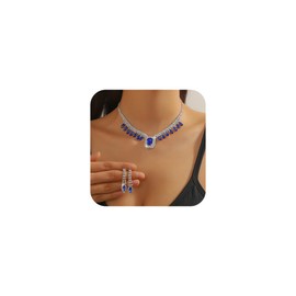 Girlssory Bride Crystal Necklace Earrings Set for Women Bridal Wedding Jewelry Sets Rhinestone Choker Necklace Prom Costume Jewelry Set for Brides Bridesmaid (Blue)