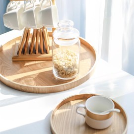 Greensen Vintage Wooden Round Tray, 24cm, Perfect for Breakfast, Tea, Coffee Table, Fruit, Candy, Food, Home Decoration