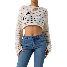 LYSINK Women Y2k Hollow Out Crochet Cover-Up Long Sleeve Solid Color Knit Crop Tops Fall Loose Pullover Sweater (A-a-Beige, S)