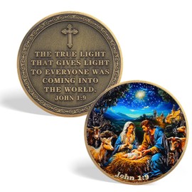 Tokenara Christian Challenge Coin, True Light Christmas Coin with John 1:9 Bible Verse, Religious Faith-Based Medallion, Inspirational Christian Gifts for Men Women