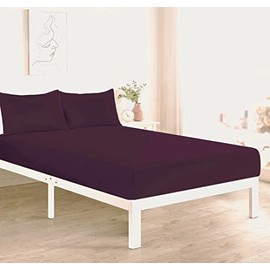 Fitted Bed Sheet With FREE MATCHING 2 X PILLOW CASES Poly Cotton Percale Easy Care Plain Dyed Bed Sheet Plum King