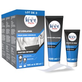 Veet Men – 3 Stück Haarentfernungs-Set für Intimpartien – 3 Enthaarungscremes 100 ml und 3 Pflegebalme 50 ml – empfindliche Zonen