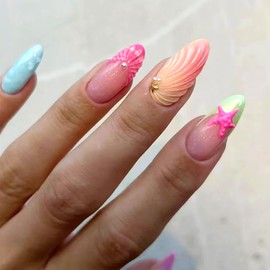 24Pcs Almond Press on Nails Medium Length Nails Press Ons RUPOFUZA Fake Nails Glue on Nails With Three-Dimensional Shell and Starfish Design Artificial Nails Stick on Nails Acrylic nails for Women