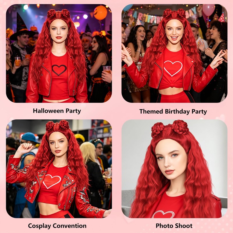 FOVER 5-Piece Red Princess Buns Wig Set for Women Costumes
