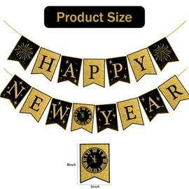 Happy New Year Banner Decorations Pre Assembled Glitter Gold Black Firework Design banner with for New Year Eve Party Home Office Holiday Celebrations