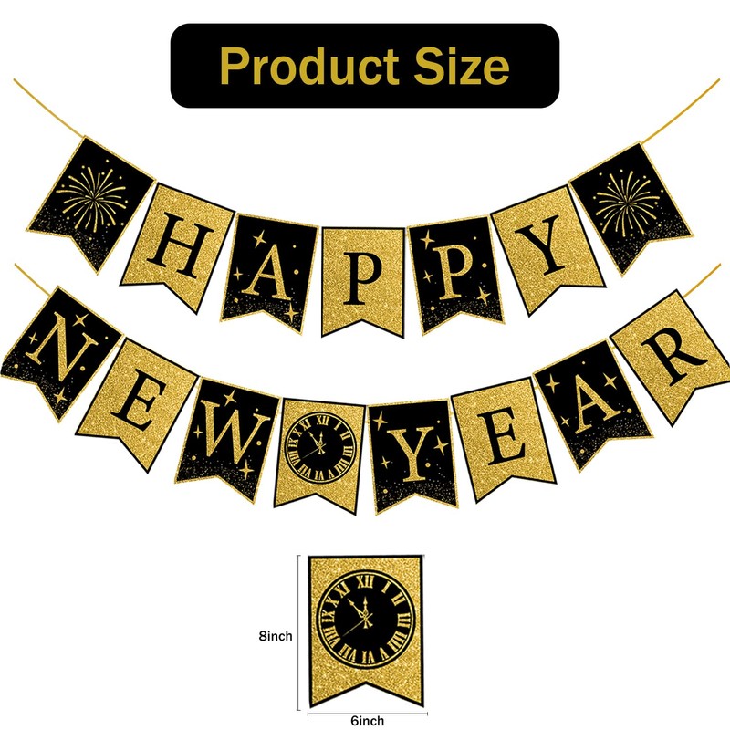 Happy New Year Banner Decorations Pre Assembled Glitter Gold Black