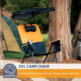 Arrow Storage Products Selkirk Outdoor Oversized Heavy Duty Comfort Folding MaxShade Canopy Camping Chair, 37.3" W x 31.3" D x 51.4" H, Orange and Navy