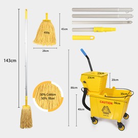 35-Qt Side Press Wringer Combo Commercial Floor Cleaning Rectangular Mop Bucket on Wheels, Yellow,Add One Commercial Mop and One Mop Head Replacement