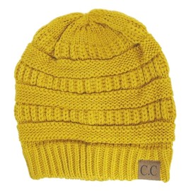 Black Thick Slouchy Knit Oversized Beanie Cap Hat,One Size,Mustard