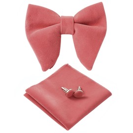 HOULIFE Bow Tie Set for Men Adjustable Velvet Pre-tied Bowtie, Solid Colour Pocket Square, Cufflinks Set for Groom Wedding Party Formal with Gift Box (Coral pink)
