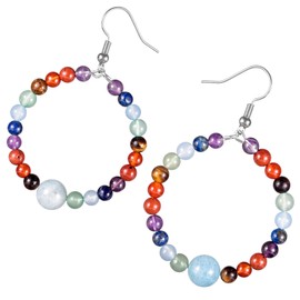 SUNYIK Aquamarine Rainbow Crystal Stone Beaded Hoop Earrings for Women Ladies, Bohemian Circle Round Beads Dangle Drop Earrings for Unisex