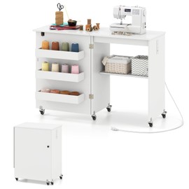 Giantex Folding Sewing Table with Charging Station, Rolling Craft Table with Storage Trays & Shelf, Foldable Sewing Machine Cabinet Desk with Lockable Wheels for Small Spaces (White)