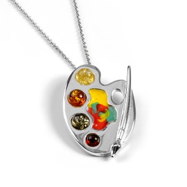 HENRYKA 925 Sterling Silver Small Artist Palette Necklace in Baltic Amber| Art Teacher Gifts