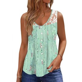 Womens Summer Lace Tank Tops Casual Ladies Button V Neck Sleeveless Loose Pleated Front Shirts Blouse