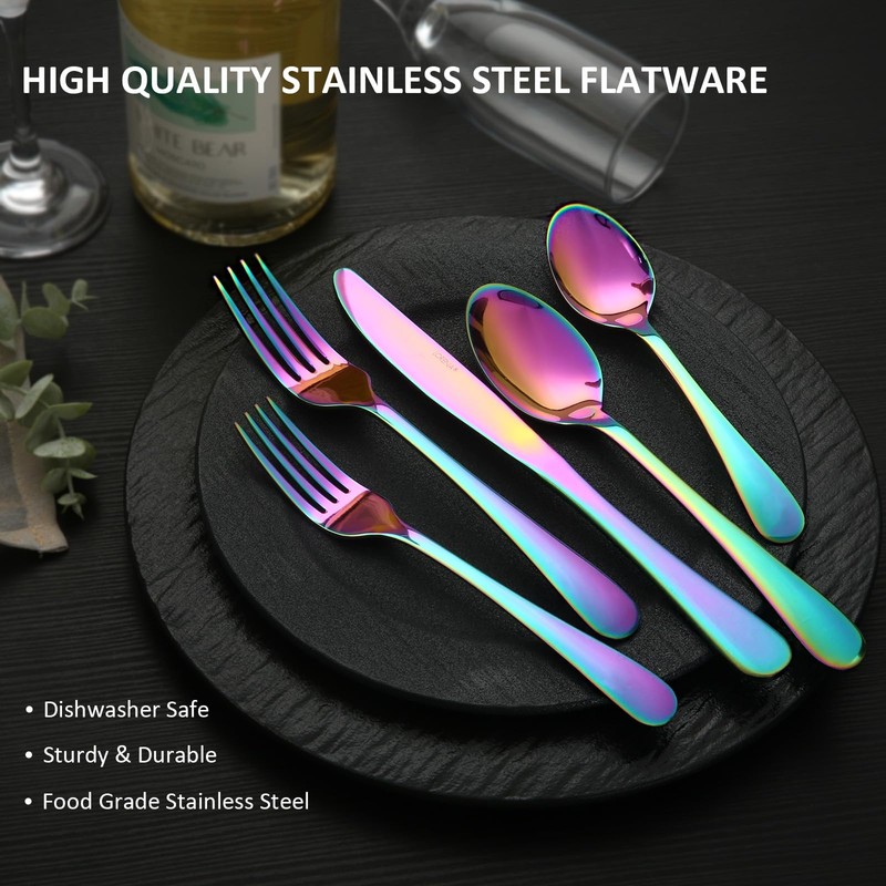 KOOMADE Rainbow Silverware Sets with Steak Knife - 24 PC