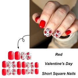OHWODA Valentine’s Press on Nails Short Square Fake Nails, Cute Valentine’s Day Press on Nails with Red White Heart Designs Glossy Valentine’s Glue on nails Valentine’s Acrylic Nails for Women 24Pcs
