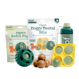 WOOF Dental Kit- Includes Pupsicle Dog Toy, Treat Tray, Shaker Bottle, Chicken Pupsicle Pops, and Dog Teeth Cleaning Powder - Supports Oral Health for Dogs - XL