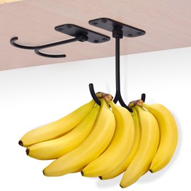 2-Pack Metal Banana Hanger, Under Cabinet Banana Double Hook, Sturdy Foldable Banana Hook with Screws, Keep Bananas Fresh, Black