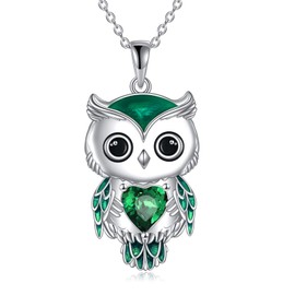 Owl Necklace Jewellery Gifts for Women Sterling Silver Birthstone Owl Pendant Necklace Christmas Jewellery for Women (05-May)