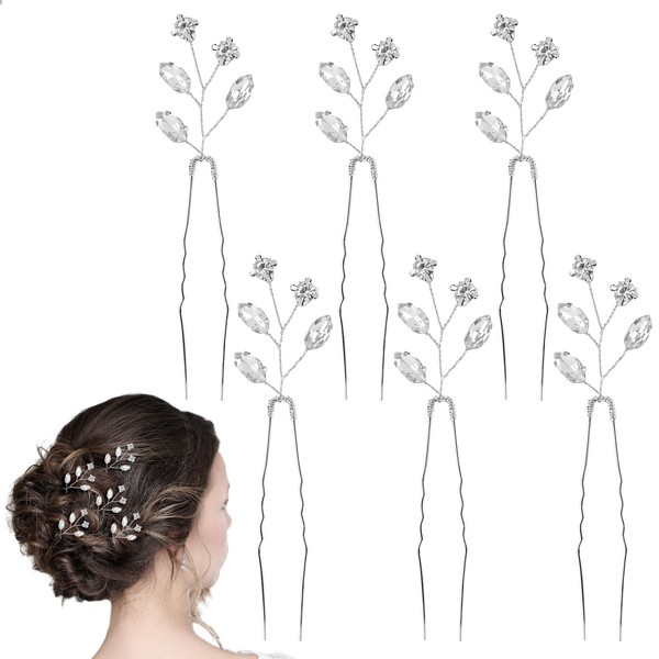 Mabor 6 Pieces U-Shaped Hairpins, Wedding Hair Pins Set, U-Shaped Hairpins, Sliver Decorative Hair Pins for Women, Bridesmaid Hair Accessories for Prom Party and Special Occasion