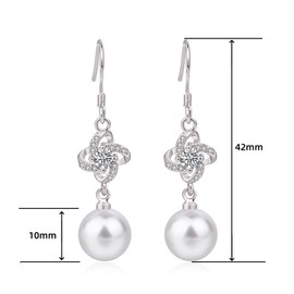 Ecripe Sterling Silver Pearl Dangle Earrings for Women, Four Leaf Lucky Clover Silver Drop Earrings with Cubic Zirconia, Hypoallergenic Pearl Earrings Gift for Girls