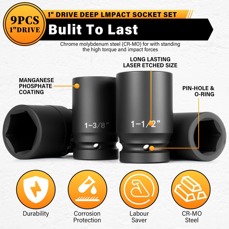 TUZkozs 1" Drive Jumbo Impact Socket Set,9 PCS SAE (1to