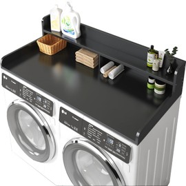 BigPonPon 2-Tier Washer and Dryer Countertop with 2.75" H Guard,54" W x 27.5" D Laundry Countertop Cover with Non-Slip Pad,Large Space Laundry Topper for Folding Clothes Over Washer and Dryer-Black