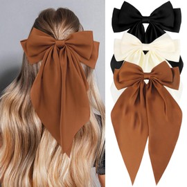 VELSCRUN Velscrun Women Girls Hair Accessories: 3Pcs Satin Oversized Bow Clips in White, Black, and Dark Brown - Large Hair Ribbons with Long Tails and Barrettes for Gifts