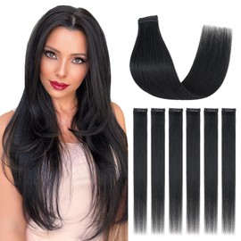 Silk-co Clip in Hair Extensions Real Human Hair Extension Double Weft With Lace Coverd Clip in Silky Straight 100% Natural Very Thin Highlight efffect for Women 6PCS 6Clip 12Inch #01 Jet Black 33g